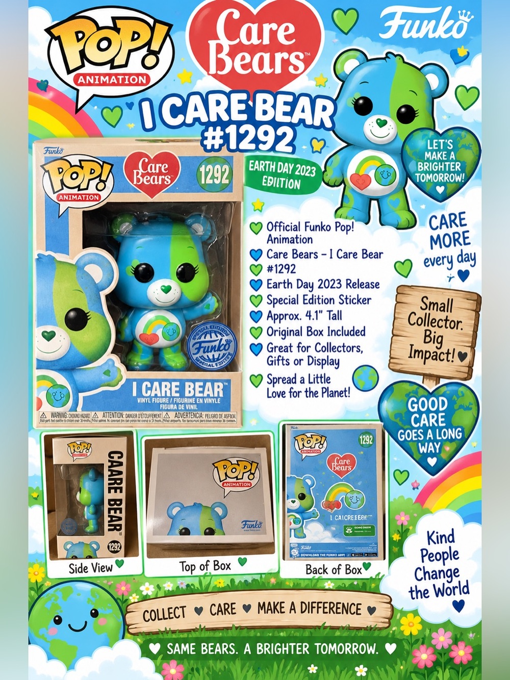 Funko Pop Care Bears I Care Bear #1292 Earth Day 2023 Special Edition Vaulted